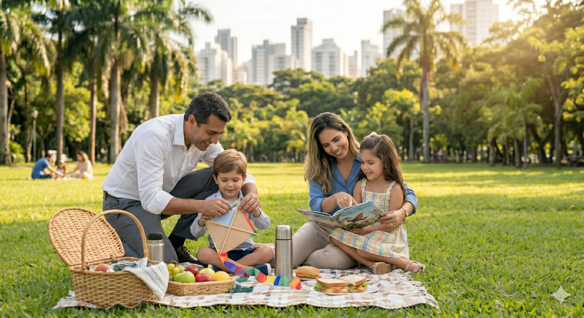 Família fazendo piquenique em parque urbano